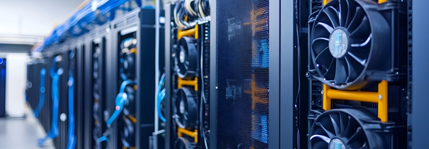 A row of black server racks with visible cooling fans and cables in a data center environment.